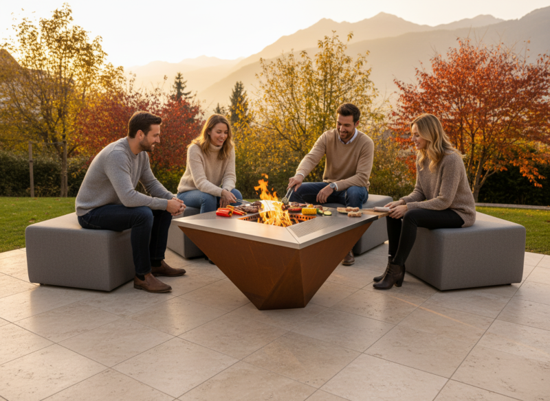 Theiss Feuergrill - 4 x Teppanyaki Platten - 1 x Smoluxsystem - 1 x Feuerschale Kit Theiss Maggia Corten mit Personen