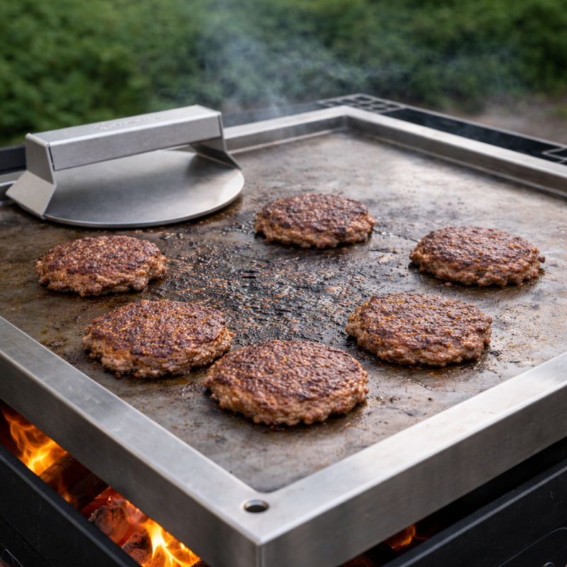 ChatGPT Image 12. Feb. 2026, 13_31_19 Edelstahl Burger Press - Theiss, Auf dem Grill