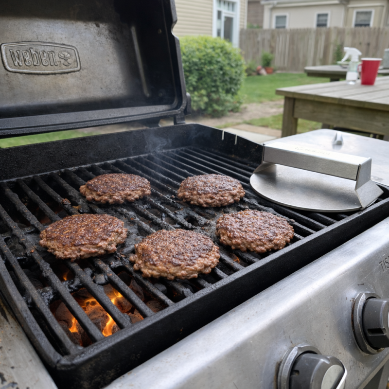 a2d2fede-1a6e-474a-9aae-40382be977b1 Edelstahl Burger Press - Theiss, Auf dem Grill